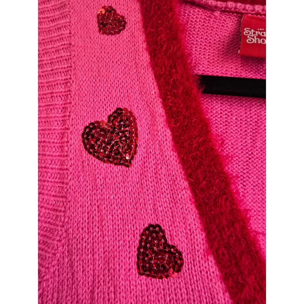 NWOT Strawberry Shortcake Pink Knit Sweater Vest Embroidered Heart Sequin Med - Picture 4 of 14